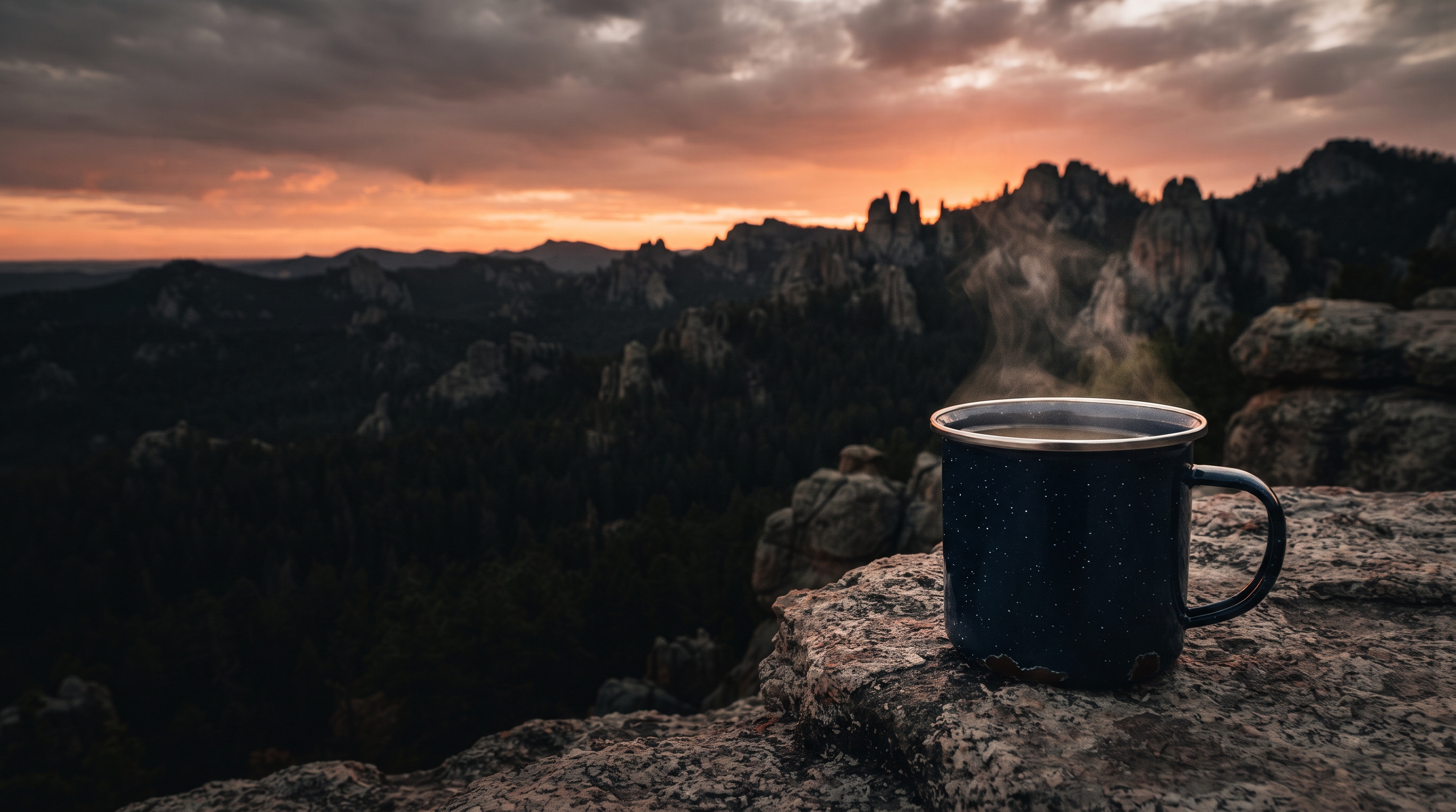 Steaming camp mug overlooking the Black Hills at sunrise